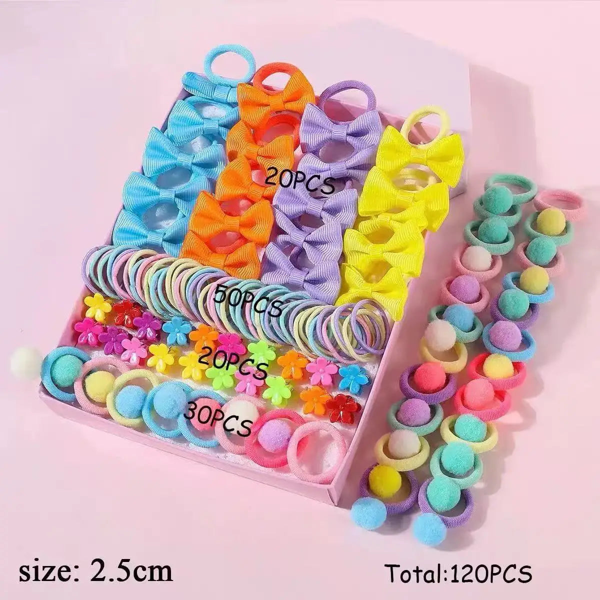 120 件套 Hair Accessories Set for Girls Colorful Bowknot Hair Band Children Ponytail Holder Hair Ties Kids Elastic Rubber Bands