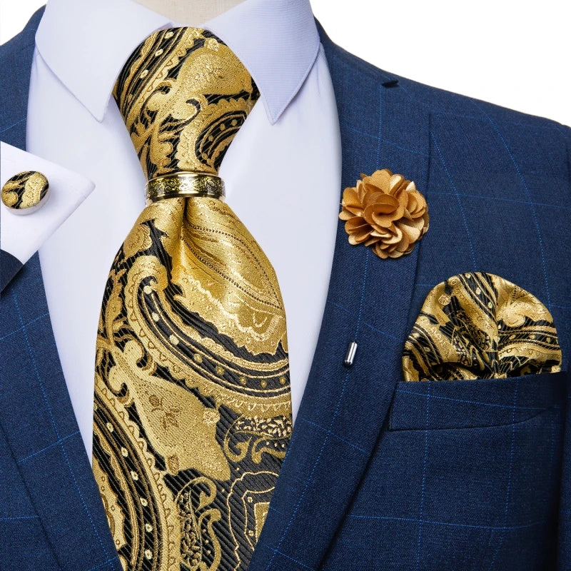 Luxury Blue Gold Paisley Silk Ties For Men Business Wedding Neck Tie Set With Tie Ring Brooch Pin Men's Cufflinks Pocket Square