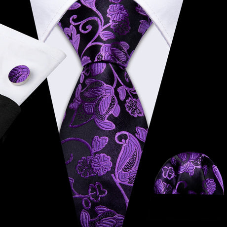 Barry.Wang Purple Lilac Lavender Silk Mens Tie Handkerchief Cufflink Set Jacquard Floral Necktie for Male Wedding Business Party