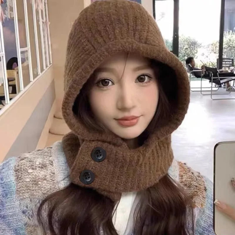 Winter Trendy Balaclava Hats for Men&Women Knitted Hooded Caps Thicken Windproof Drawstring One-Piece Neck Collar Beanies Cap