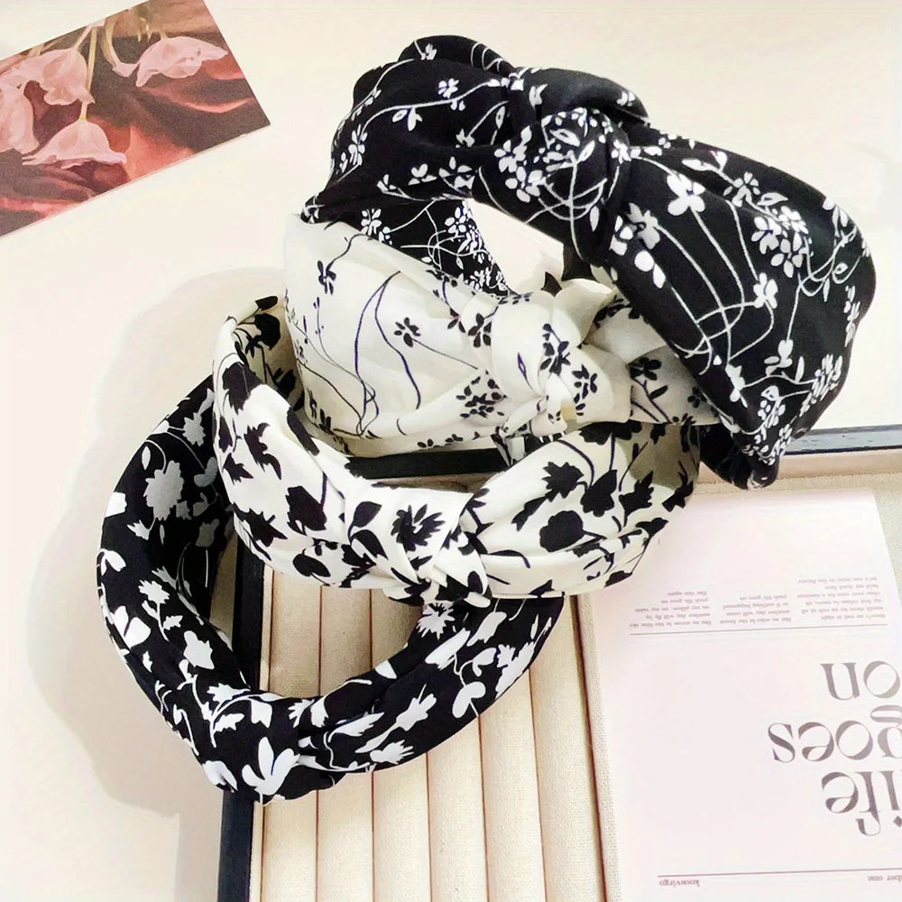 Elegant Floral Black White Hairbands for Women Girls Wide Edge Soft Hair Hoops Big Bowknot Cross Headband Hair Styling Tool Gift