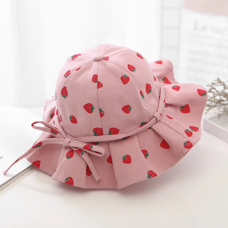 Sweet Baby Summer Hat for Girls Cotton Fruit Print Kids Bucket Hats Bowknot Princess Children Sun Cap Beach Travel 1-3Y