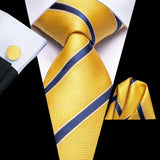 Luxury Yellow Blue Striped 2022 New Fashion Brand Ties for Men Wedding Party Necktie Set Handkerchief Cufflinks Gift Wholesale