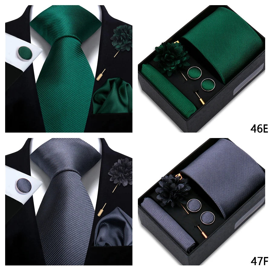 Top Quality Solid color Ties Hanky Cufflinks Brooch Set Elegant Jacquard Necktie For Men Business Wedding In Gift Box Gravatas