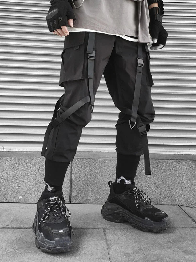 Joggers Cargo Pants for Men Casual Hip Hop Hit Color Pocket Male Trousers Sweatpants Streetwear Ribbons Techwear Pants