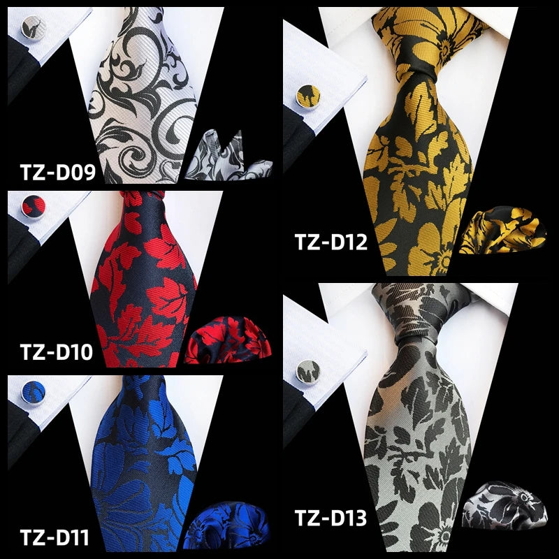 Orange Novelty Ties For Men Plaid Flower Design Silk Wedding Necktie For Men Hanky Cufflinks Gifts Business Party Suit Bow Tie