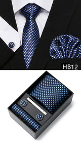 Gravatas For Men Newest design Silk Tie Handkerchief Cufflink Set Necktie Box Striped Blue Office