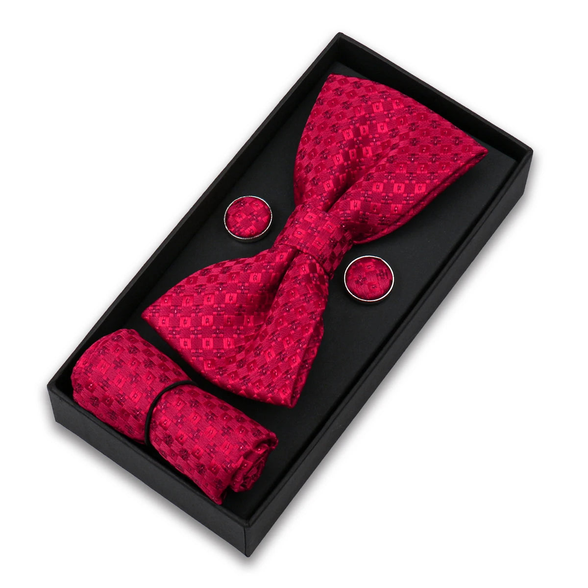 Bowtie Set For Men Gift Box Business Fashion Red Bow Tie Pocket Square Cufflinks Set Bowtie 3pcs For Wedding Hanky Cravatas Neck
