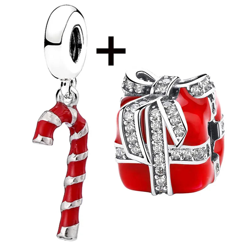 Buipoey 2pcs/lot Christmas Red Cane Gingerbread Man Charm Snowman Santa Beaded Sock Pendant DIY Beacelets jewelry Accessory Gift