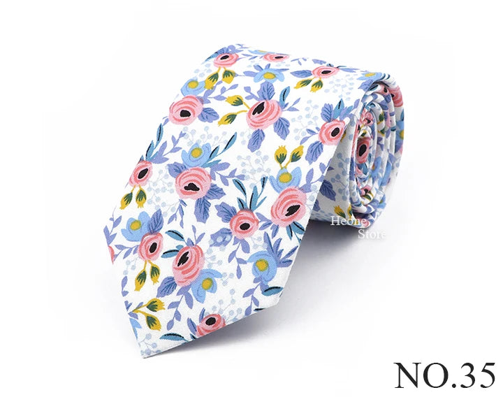 New Chic Floral Tie For Men Women 100% Cotton Beautiful Elegant Flower Necktie White Blue Narrow Skinny Wedding Casual Cravat