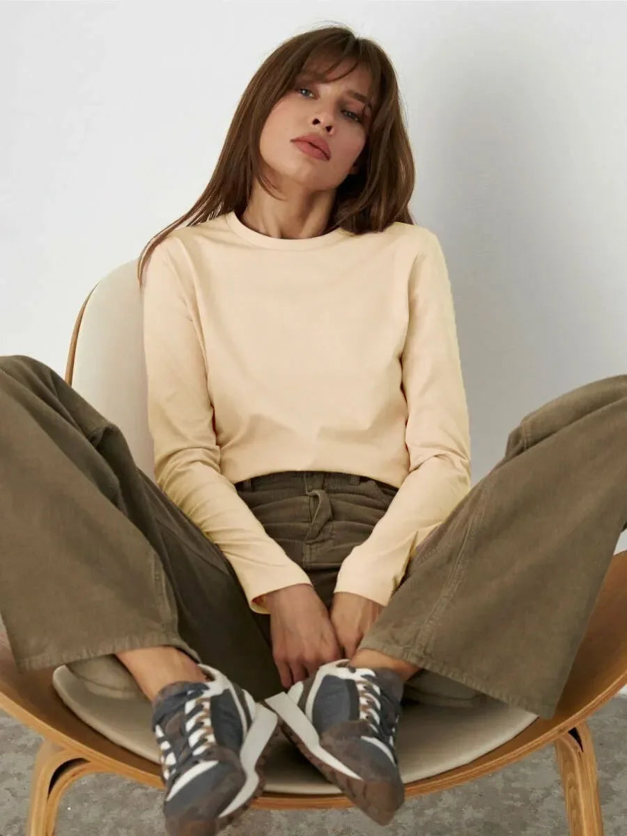 Bornladies Women's Spring Autumn 100% Cotton T-shirt Bottoming Basic Solid Lady Long Sleeve Loose Tops Shirts Oversized T Shirt
