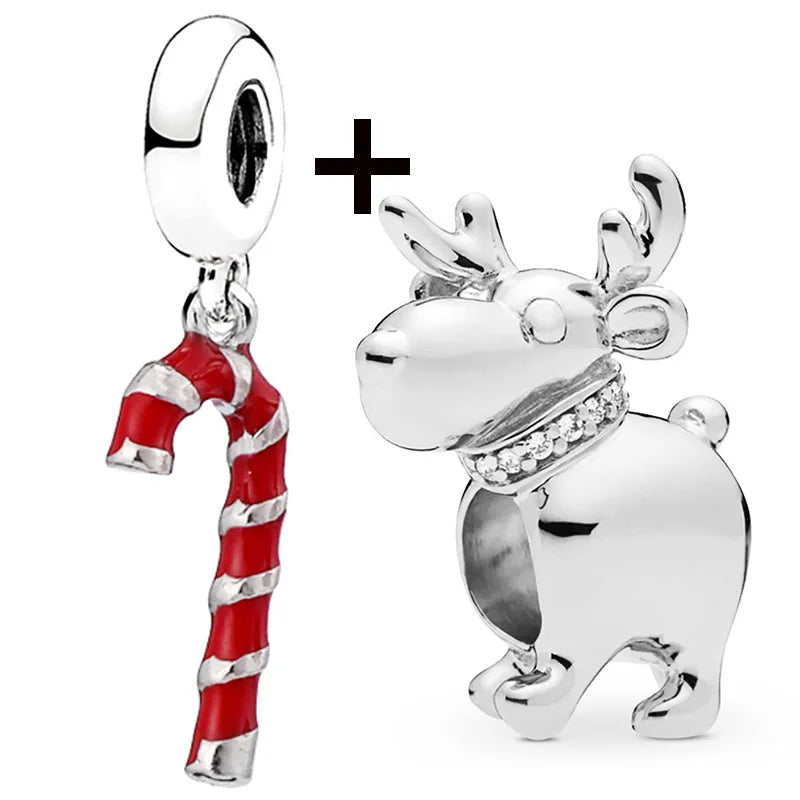 Buipoey 2pcs/lot Christmas Red Cane Gingerbread Man Charm Snowman Santa Beaded Sock Pendant DIY Beacelets jewelry Accessory Gift