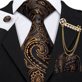 Barry.Wang Gold Black Jacquard Silk Mens Tie Hanky Cufflink Brooch Set Floral Paisley Necktie Pin For Male Wedding Business Gift