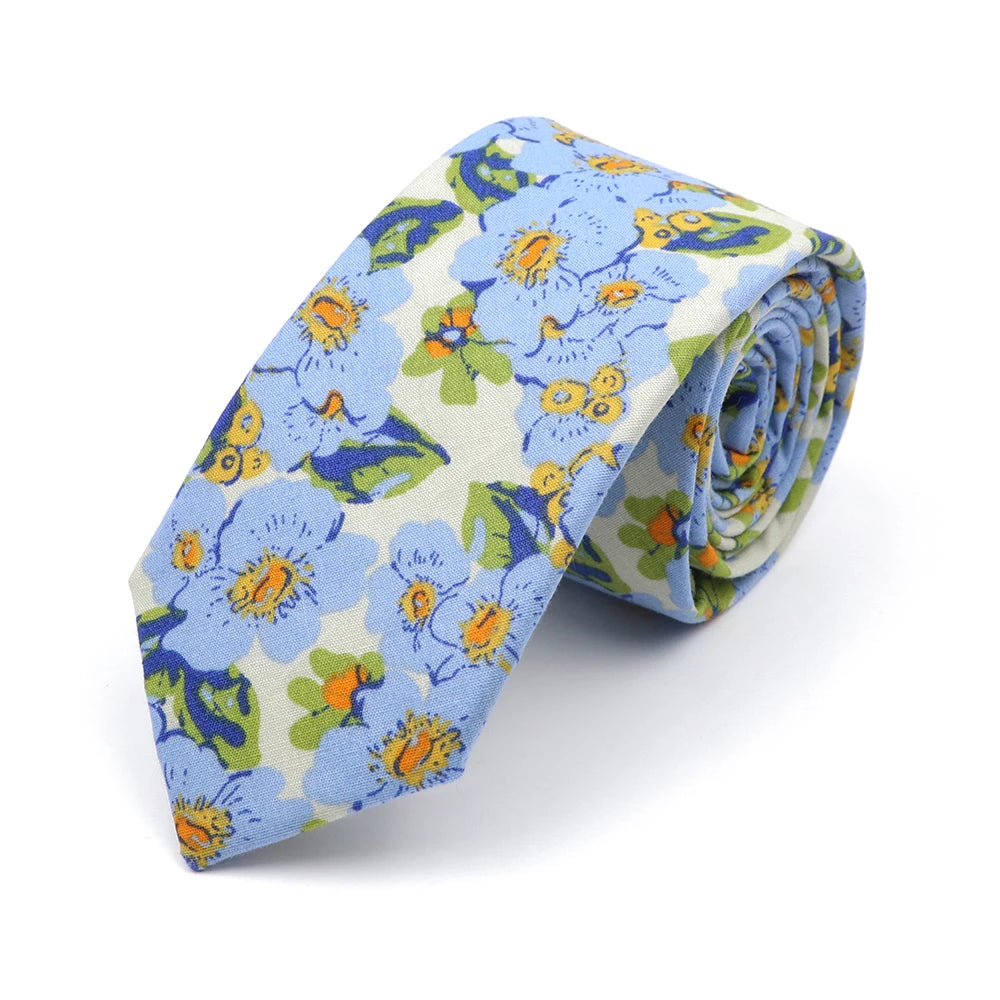 New Style Floral Printed 6cm Tie Blue Green Purple Skinny 100% Cotton Necktie For Men Women Wedding Party Suits Shirt Accessory