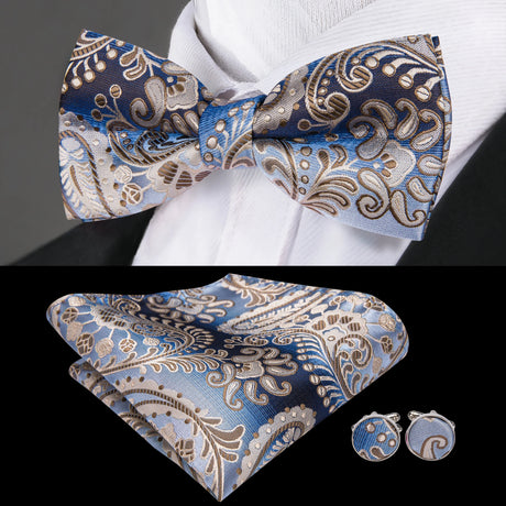 Barry.Wang Silk Mens Bow Tie White Green Pink Purple Jacquard Paisley Floral Pre-Tied Bowtie Hanky Cuffs Set Wedding Business