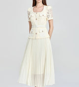 Runway Designer Summer Flower Embroidery Lace Chiffon Prom Dress Women Short Sleeve Single Breasted Midi Long Vestidos Party
