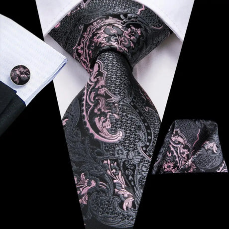 Hi-Tie Black Floral Silk Wedding Tie For Men Handky Cufflink Gift Necktie For Men Fashion Design Business Party Dropshiping