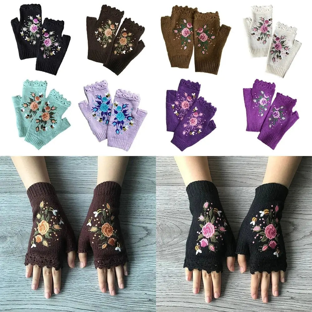 Floral Bee Embroidery Knitted Fingerless Gloves Comfortable Keep Warm Thumb Holes Flower Mittens Wrist Length Mittens Winter