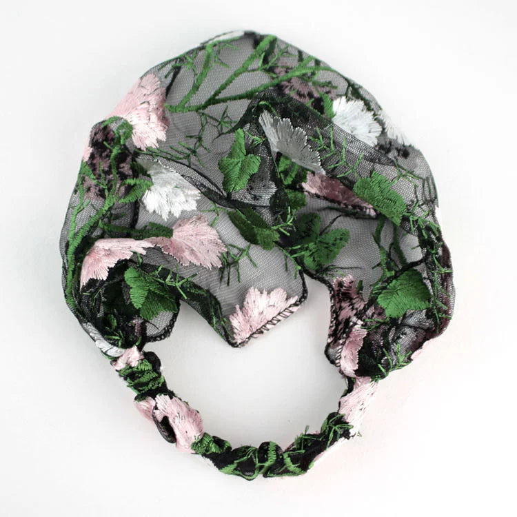 New Wide Headband for Women Ethnic Embroidery Flower Mesh Wide Edge Headbands Hibiscus Mutabilis Lace Bandaba Turban Headwear
