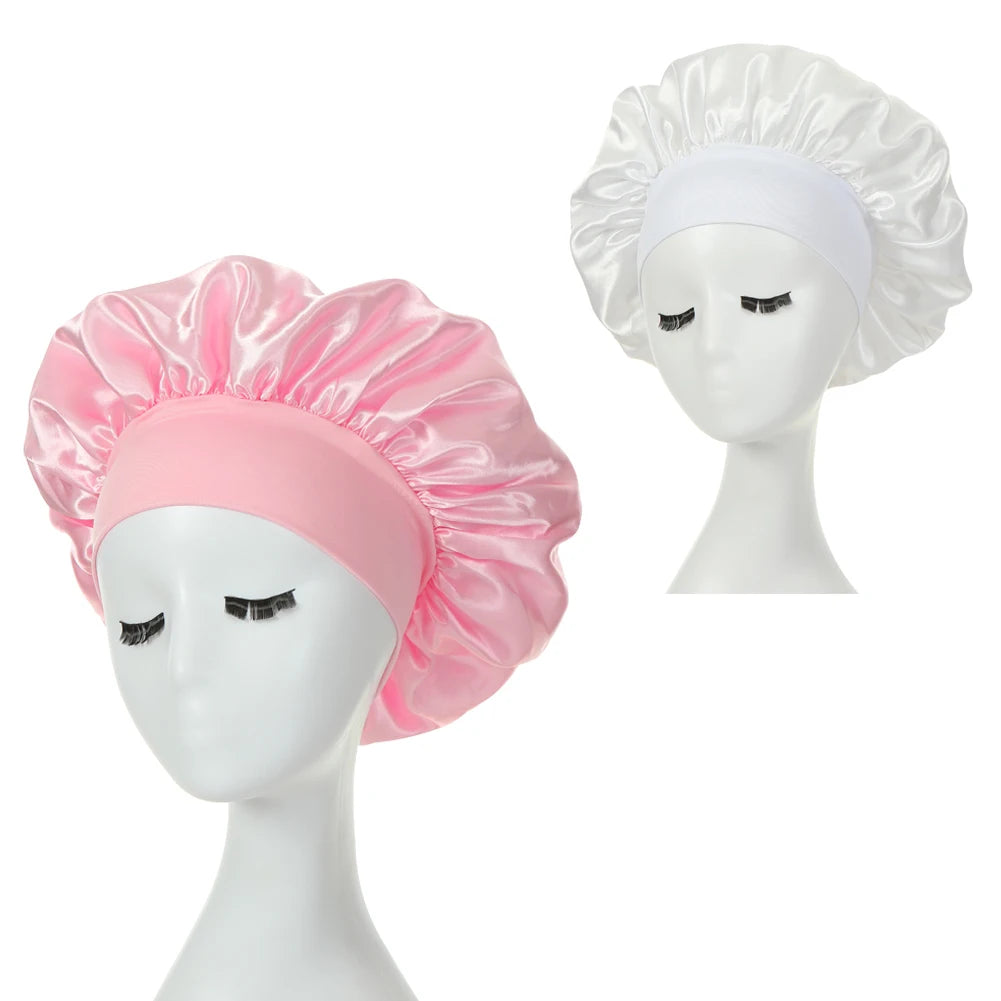 2PCS Milk Imitation Silk Wide Brim Satin Cloth Women's Hair Hat Bonnet Elastic Band Headwear bonnets for women