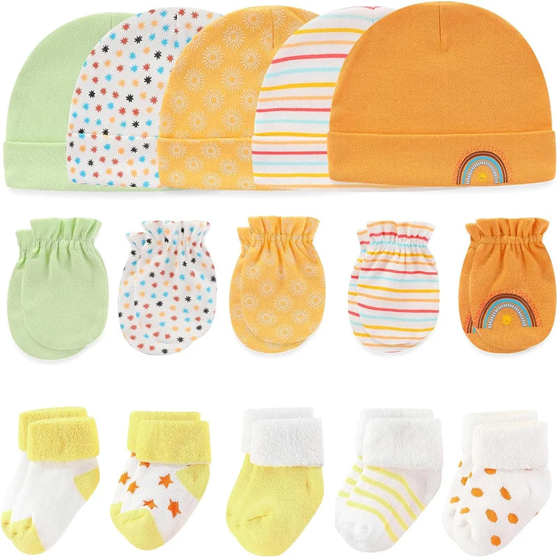 15Pieces New Born Gloves+Hats+Socks Sets Cartoon 100%Cotton Baby Boy Girl Headwear 0-12M Solid Color Infant Supplies Accessories