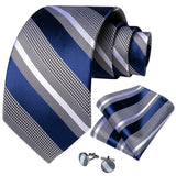 Luxury Blue Striped Polyester Ties for Men 8cm Width Wedding Business Prom Necktie Pocket Square Cufflinks Gift Men Accessories