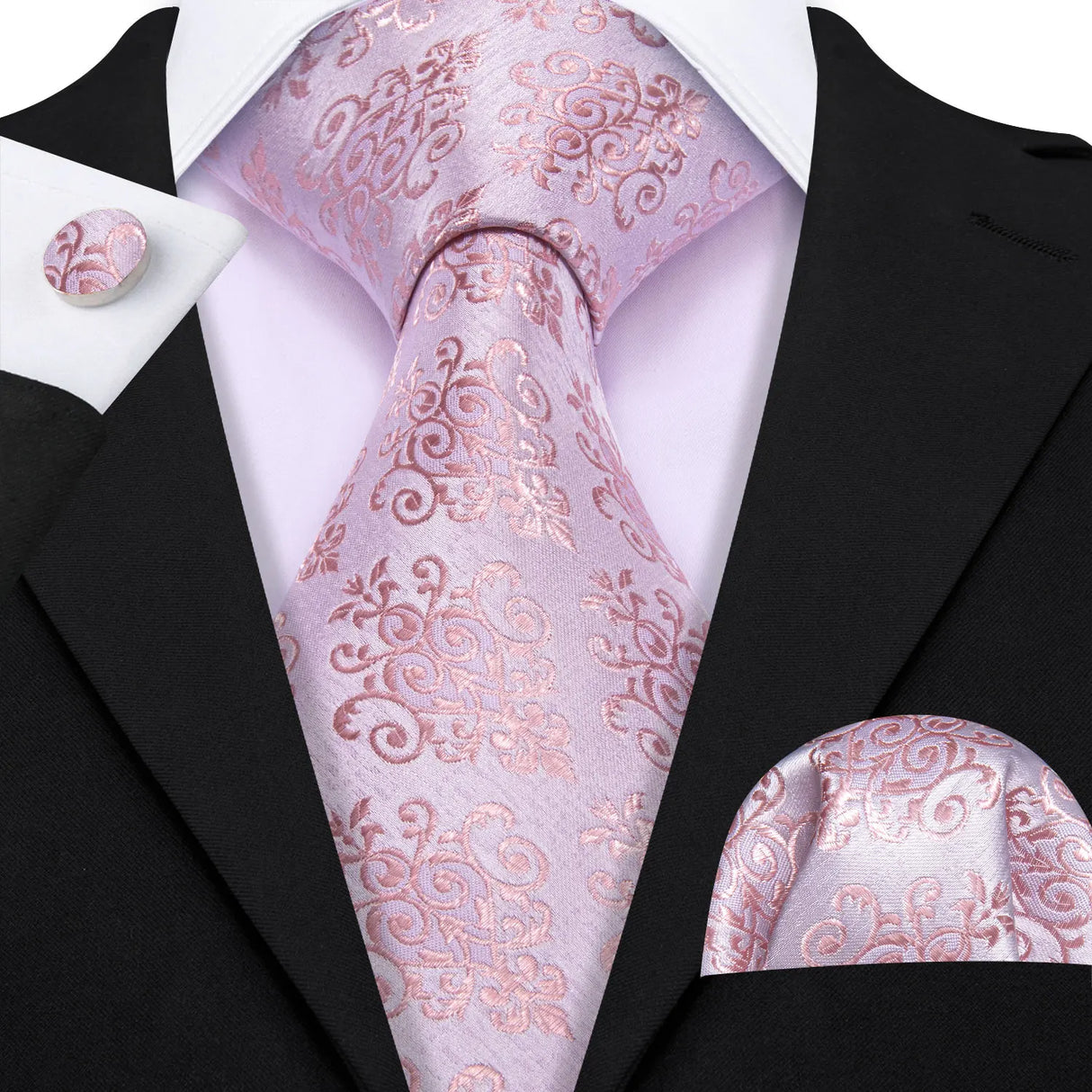 Barry.Wang Pink Silk Mens Tie Hanky Cufflinks Set Peach Salmon Rouge Rose Jacquard Necktie For Male Wedding Party Business Event