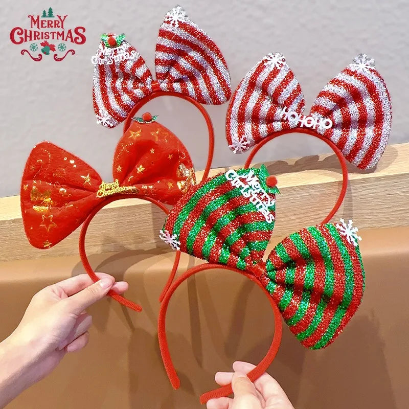 Navidad Bows Elastic Headbands for Adult Children's Hair Accessories Happy Christmas New Year Party Merry  Xmas Headdress Supply