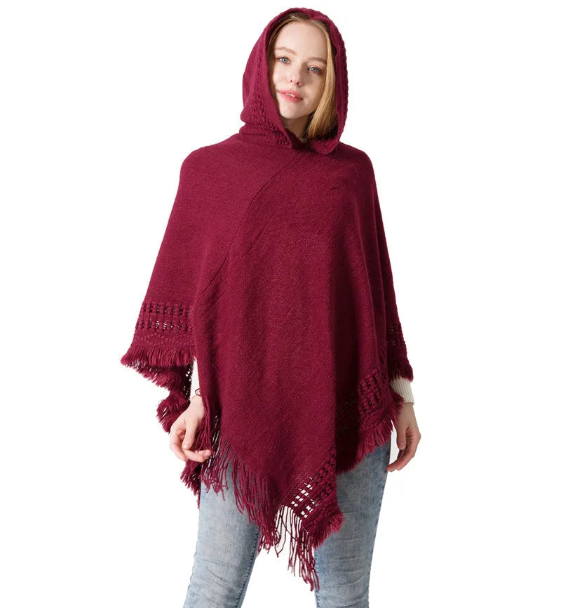 Women's Autumn and Winter New Knitted Hooded Cape Shawl Solid Colour One-Piece Knitwear Hoodeds Large Shawl