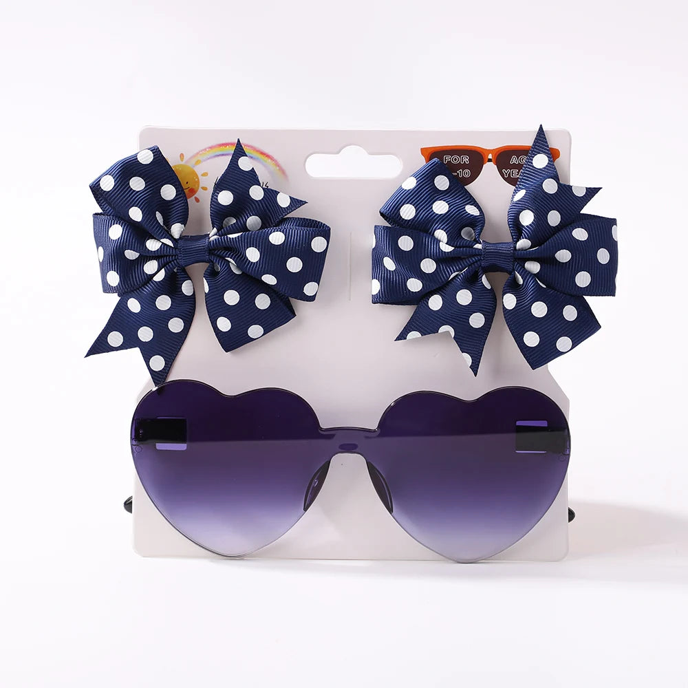 3Pcs/set Cute Solid Kids Dot Hairpin Colorful Heart Sun Glasses Set Girls Boutique Bowknot Hair Clips Children Hair Accessories