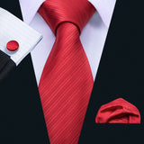 Red Silk Wedding Necktie Jacquard Woven Striped Ties For Men Tie Handkerchief Cufflink Set Barry.Wang Fashion Designer FA-5028