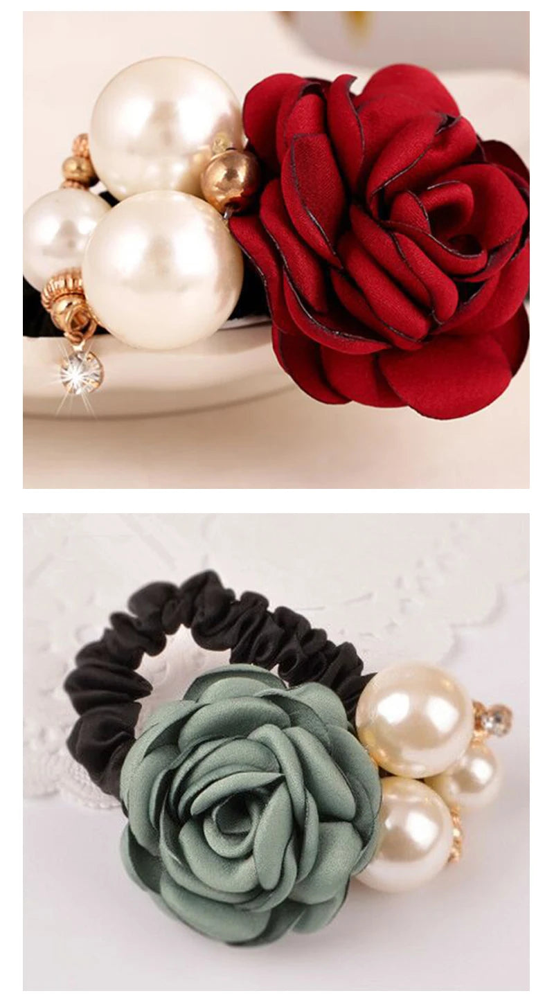 Pearl Rose Flower Hair Elastics Bands Hair Ties Stretchy Rubber Hairbands Floral Headbands Scrunchies Ponytail Holder