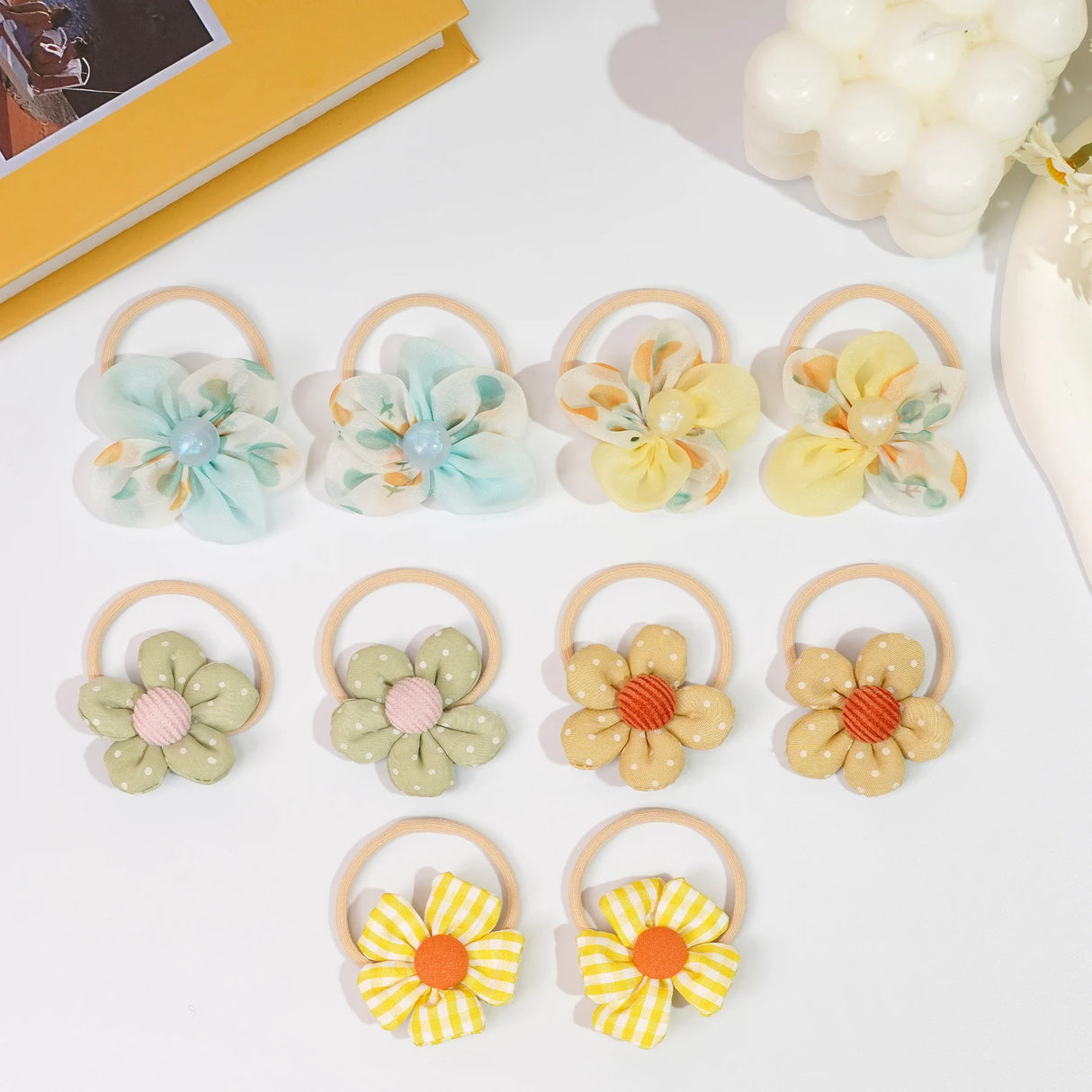 10Pcs/Set Girls cute Hair Loop Childrens Hair Ties with Flowers Elastics Ponytail Holders Pigtails Rubber Band Hair Accessories