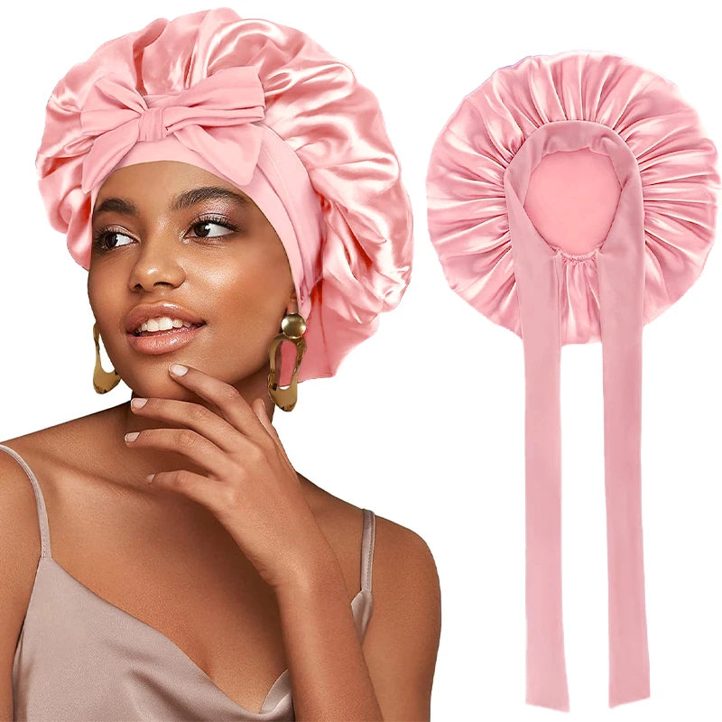 New Women Satin Bonnet Silky Sleep Cap Curly Hair Wrap For Sleeping Cap Adjustable Bonnets With Tie Band Nightcap Hair Care Cap