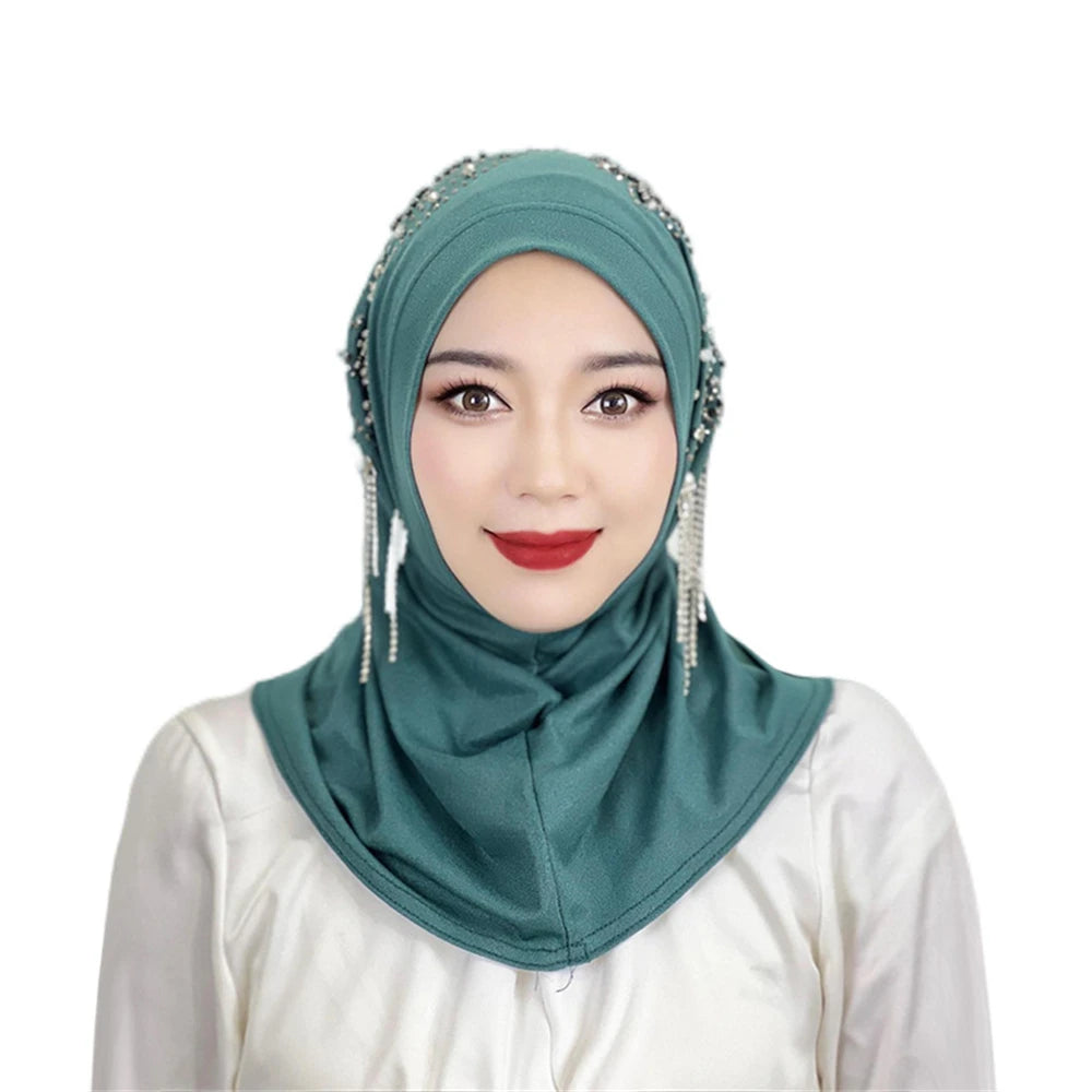 Muslim Women Shawl Temperament Solid Colour Diamonds Tassel Simple Hijab Scarf Women's Headscarf Floral Pattern Bottoming Cap