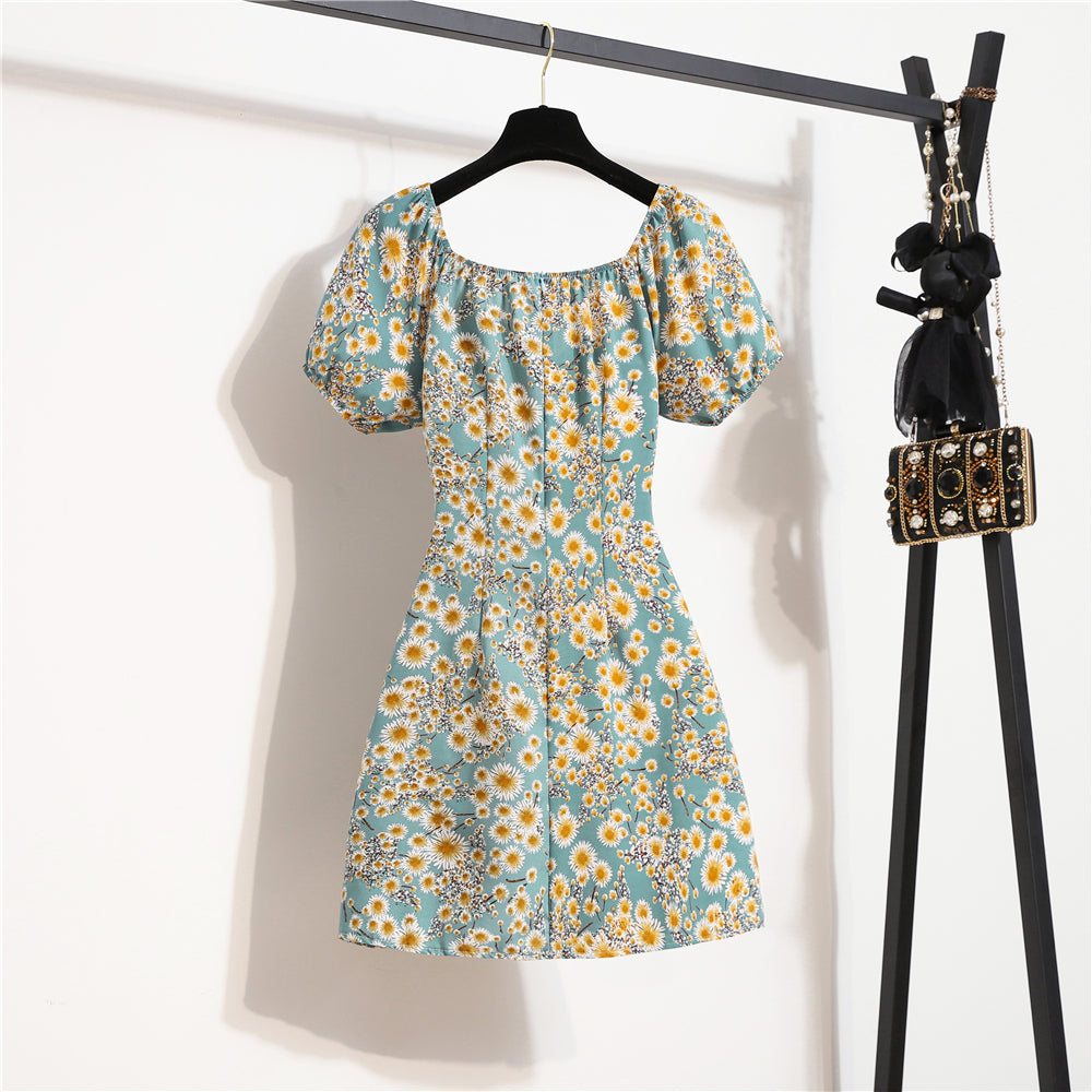 Mini robes d'été pour femmes, mode féminine, imprimé floral, en mousseline de soie, froncée, manches courtes bouffantes, robe décontractée