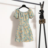 Mini robes d'été pour femmes, mode féminine, imprimé floral, en mousseline de soie, froncée, manches courtes bouffantes, robe décontractée