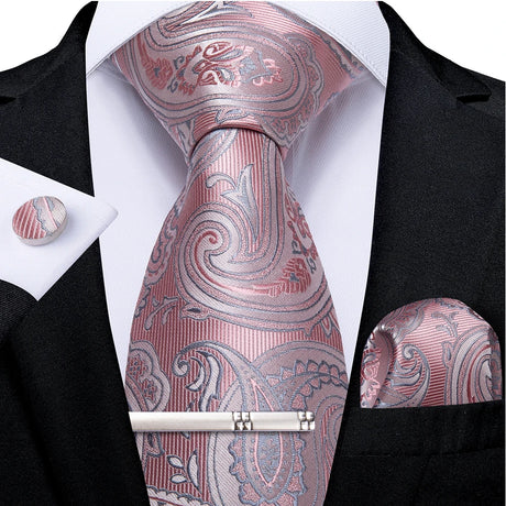 Pink Striped Floral Solid Paisley 8cm Silk Men's Tie Set Handkerchief Cufflinks Wedding Business Prom Accessories Tie Cravat