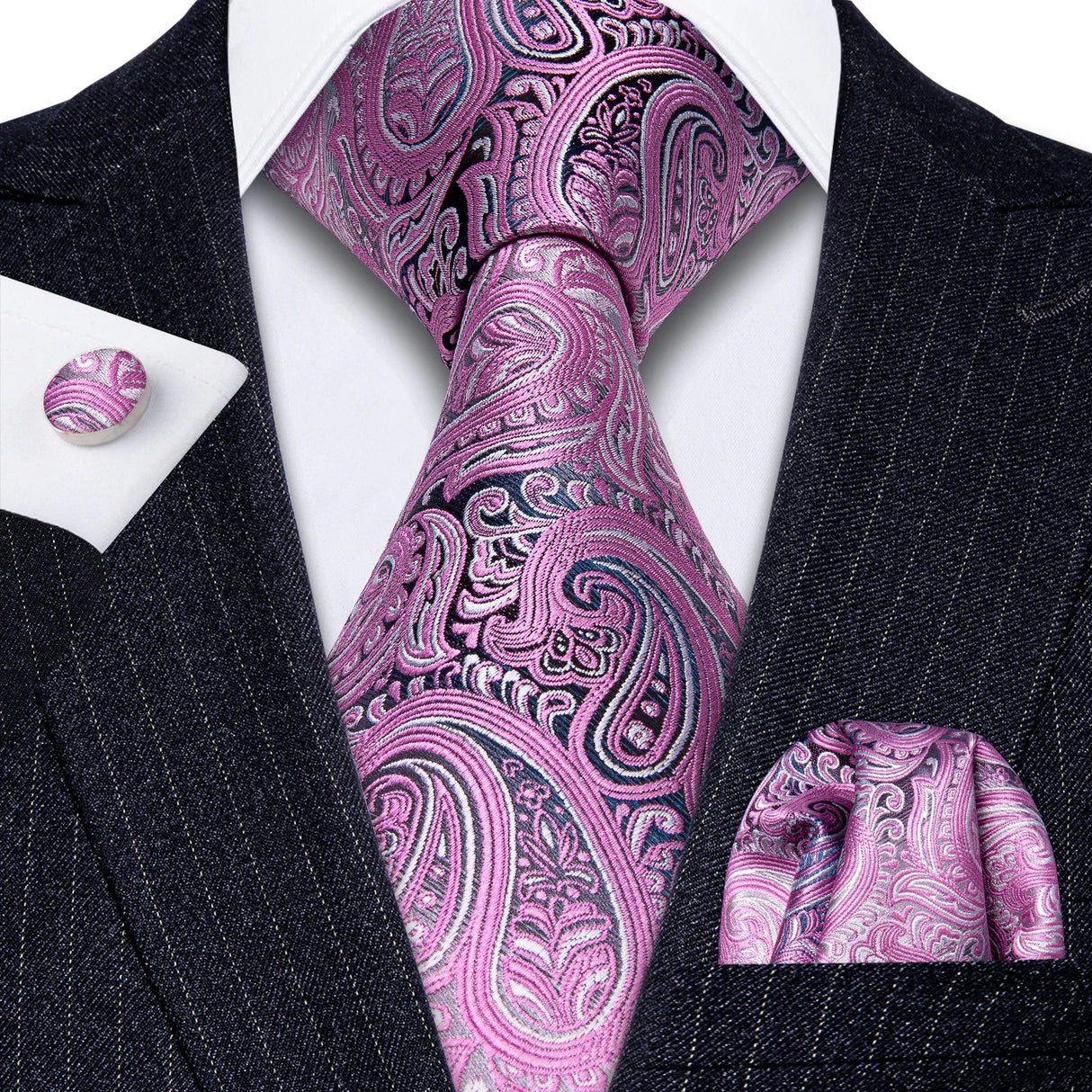 Barry.Wang Purple Lilac Lavender Silk Mens Tie Handkerchief Cufflink Set Jacquard Floral Necktie for Male Wedding Business Party