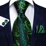 Hi-Tie Dark Green Floral Paisley Silk Wedding Tie For Men Handky Cufflink Gift Men Elegant Necktie Fashion Business Party