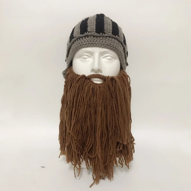 Red Tassel Cosplay Roman Knight Knit Helmet Men Cap Original Barbarian Handmade Winter Warm Beard Hats Funny Beanies Party Gifts