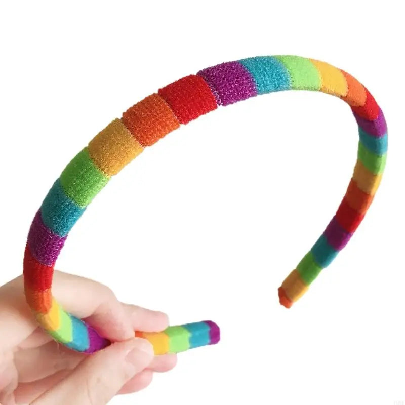 49MB Women Girls Autumn Winter Plush Headband Rainbow Colorful Striped Elastic Hair Hoop Festival Party Wash Face Styling