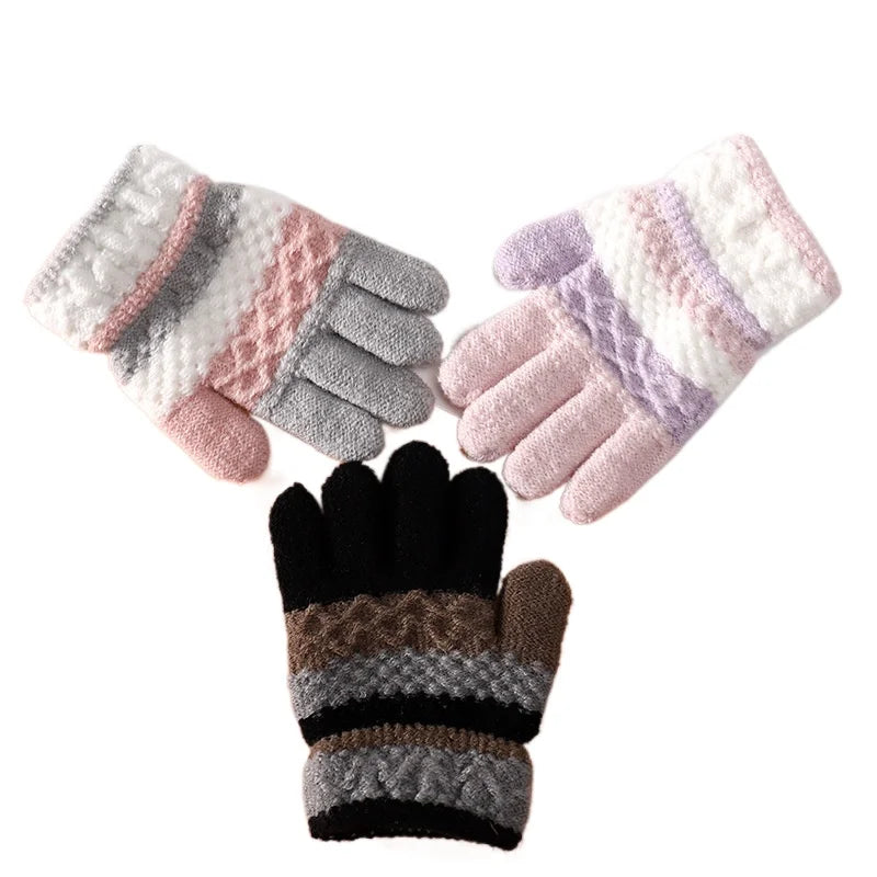 1Pairs Winter Warm Baby Gloves Cute Striped Split-finger Kindergarten Boys Girls Kids Knitted Gloves for 3-8 Years