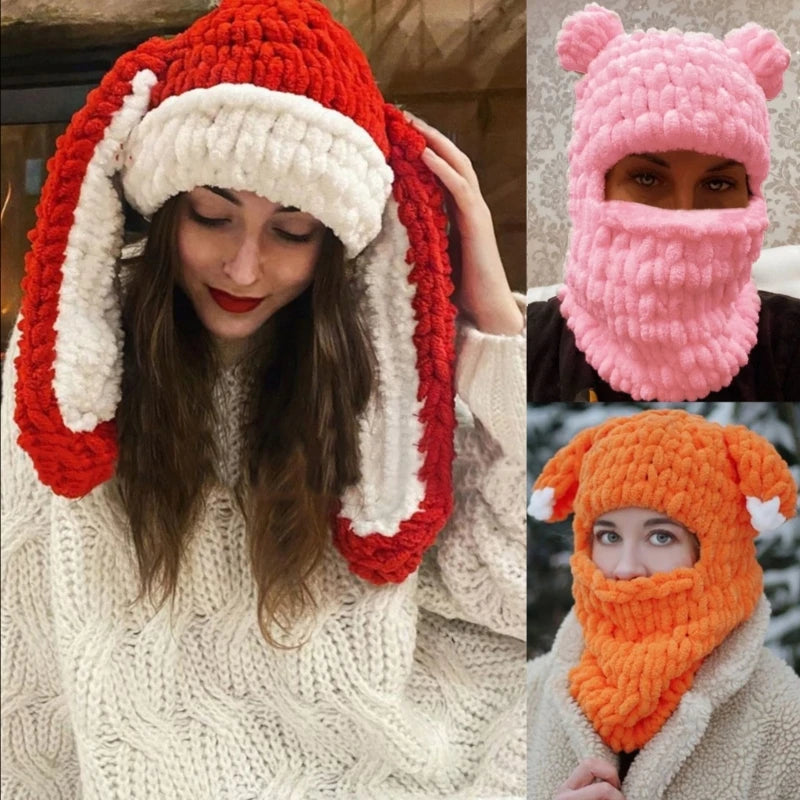 Winter Cartoon Knitting Hat Cute Animal Ear Cosplay Hat Outdoor Sport Hat Woolen Caps Windproof Headwear Balaclava Photo Props