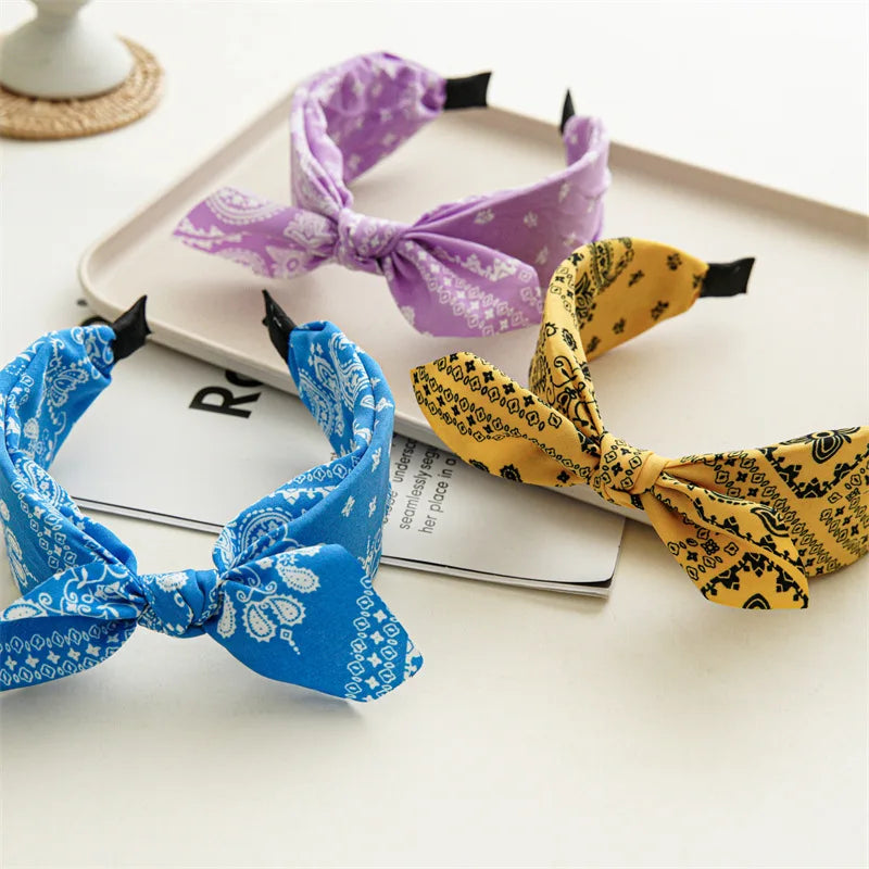 Fashion Paisley Bandana Headband for Women Top Knotted Bow Hairbands Cute Rabbit Ear Turban Headwrap Hair Band Girls Accessories