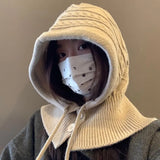New Knitted Balaclava Hats For Women Hooded Caps Outdoor Winter Warmer Drawstring Hat One-Piece Neck Collar Cycling Beanies Caps