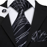 Fashion Mens Ties Set Silk Gray Black Silver White Striped Plaid Solid Paisley Floral Neck Tie Hankderchief Cufflinks Barry·Wang