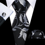 Fashion Mens Ties Set Silk Gray Black Silver White Striped Plaid Solid Paisley Floral Neck Tie Hankderchief Cufflinks Barry·Wang