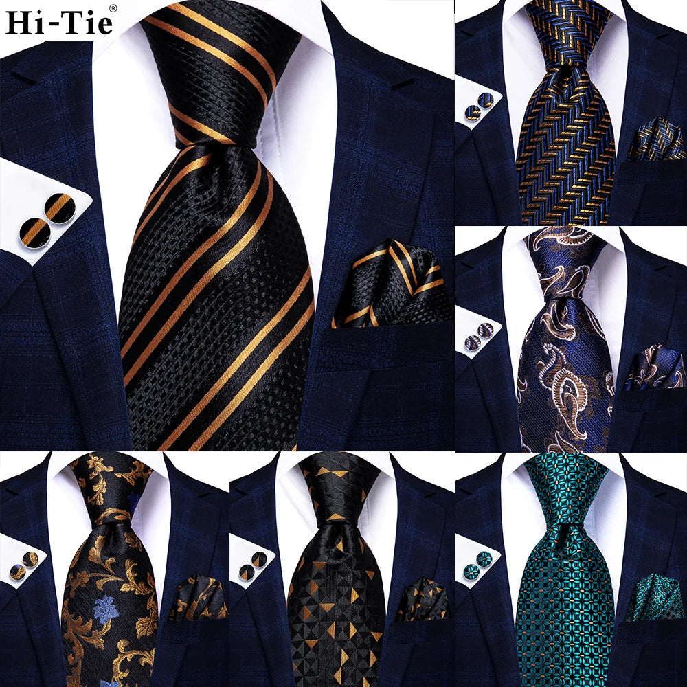 Hi-Tie Elegant Mens Necktie Black Gold Striped Paisley Silk Wedding Nicktie For Men Hanky Cufflinks Business Party Dropshipping