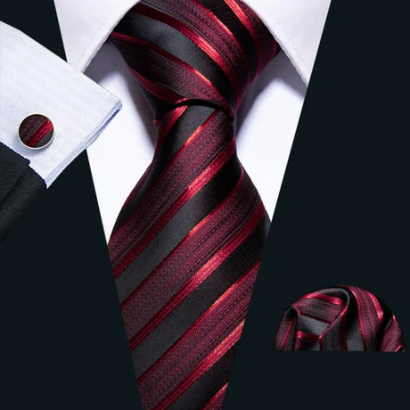 Barry.Wang Red Maroon Burgundy Rose Silk Men's Tie Pocket Square Cufflinks Set Jacquard Necktie for Male Wedding Business Party